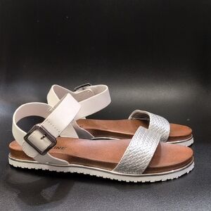 Madeline White and Silver Braided-Strap Sandals
